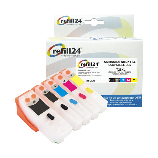 Cartuchos recargables para Epson T26/T26XL color y negro - Set 5 colores