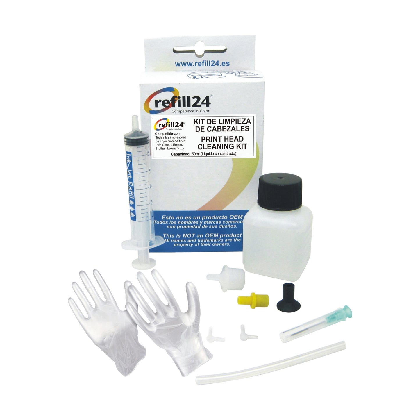 Kit de limpieza de cabezales para impresoras de inyección de tinta. 50ml RNSROCKET (líquido concentrado) y accesorios.